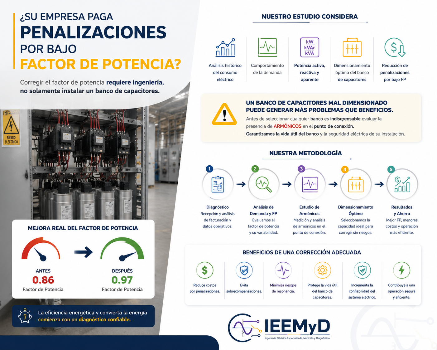 Infografía: Penalizaciones por bajo factor de potencia — IEEMyD